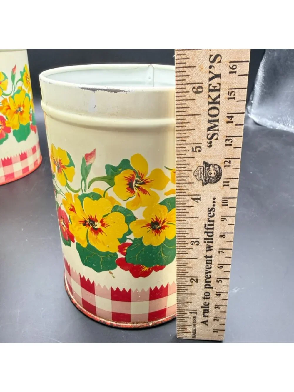 Vtg 40s Gingham Nasturtiums Floral Pattern Red Metal Canisters Nesting Lot 3